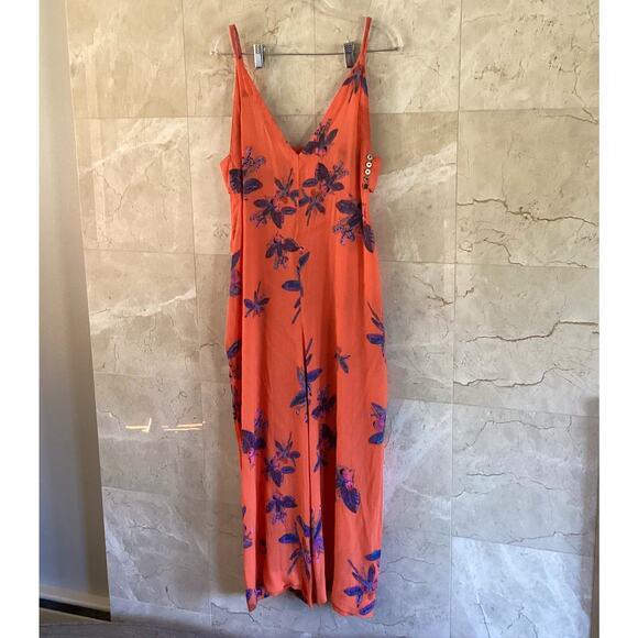 Free People Pants - Free People Jumpsuit Small Orange Floral Wide Leg Cutout Boho Festival Statement
